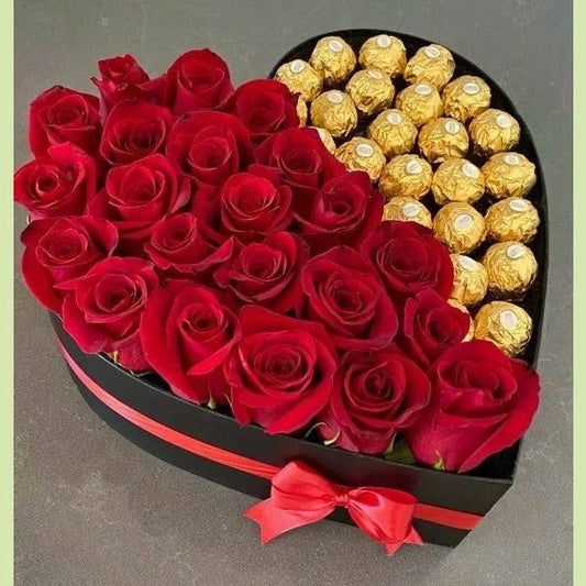Roses in heart box with ferreros